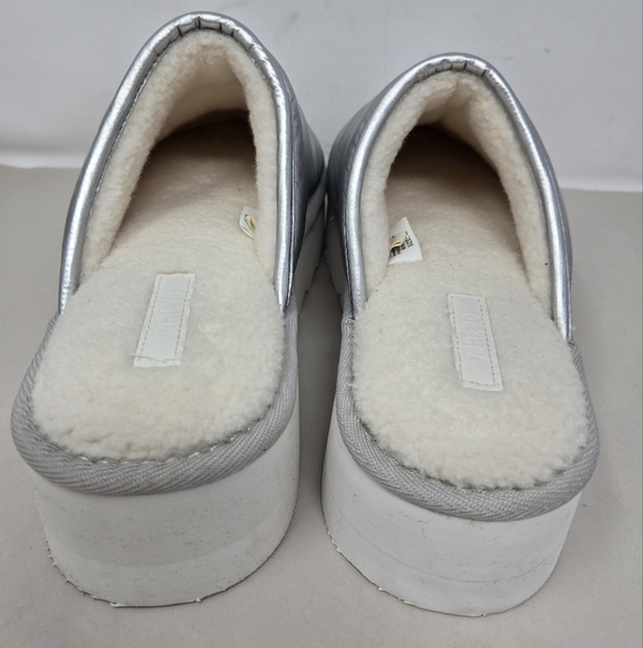 Maeve Women Puffer Platform Slippers Sz 7-8 M Silver Nylon Upper Cream Faux Fur - Picture 11 of 13